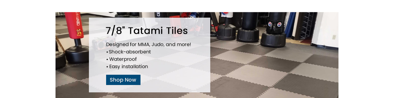 7 slash 8 inch Tatami Tiles. Designed for MMA, Judo, and more. Shock absorbent. Waterproof. Easy installation. Shop Now