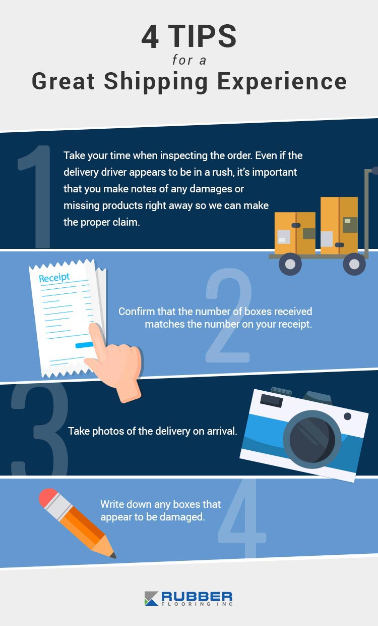 4 Tips for a great shipping experience. 1) Take your time when inspecting the order. Even if the delivery appears to be in a rush, it's important that you make notes of any damages or missing products right away so we can make the proper claim. 2) Confirm that the number of boxes received matches the number on your receipt. 3) Take photos of the delivery on arrival. 4) Write down any boxes that appear to be damaged. Rubber Flooring Inc