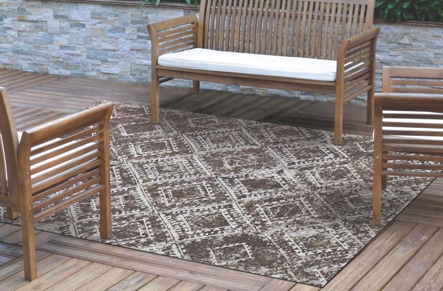 Ikat Indoor Outdoor Area Rug - Taupe and White - view 2