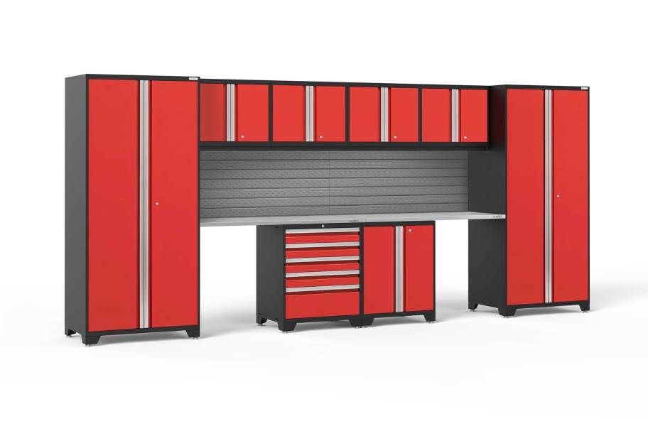 NewAge Pro Series 10-PC Cabinet Set - Red / Steel + LED Lights