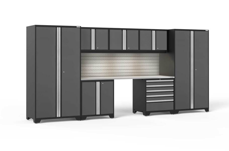 NewAge Pro Series 8-PC Cabinet Set - Gray / Steel + LED Lights